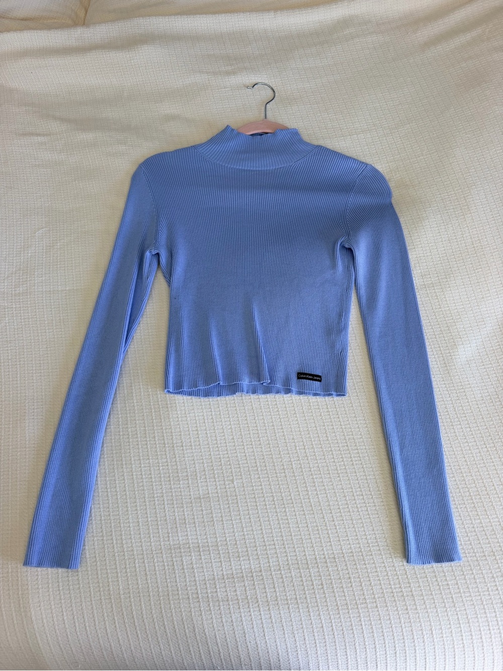 Calvin Klein Periwinkle Ribbed Mock Neck Long Sleeve Crop Top